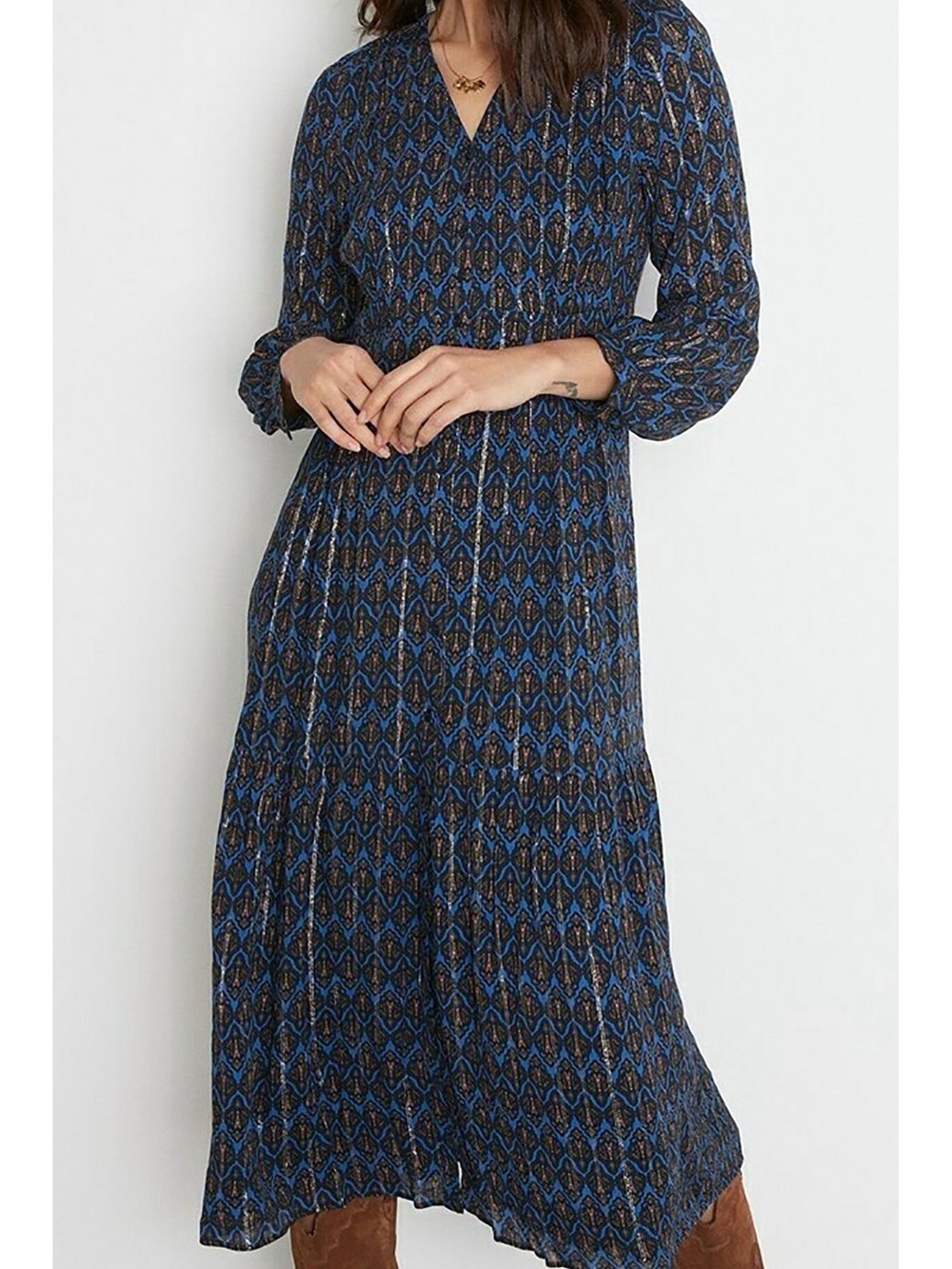 Patterned Navy and brown with silver lines Long Sleeve Boho Western Midi Dress